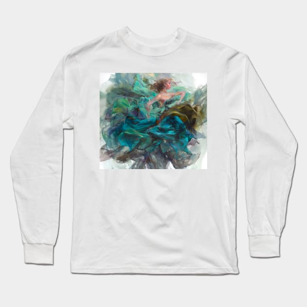 Girl dancing in turquoise Long Sleeve T-Shirt by CatCoconut-Art